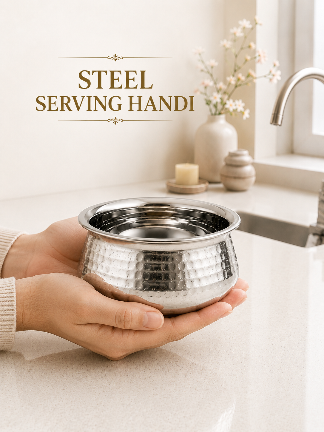 Stainless Steel Hammered Finish Dal Handi - Premium Serveware Set