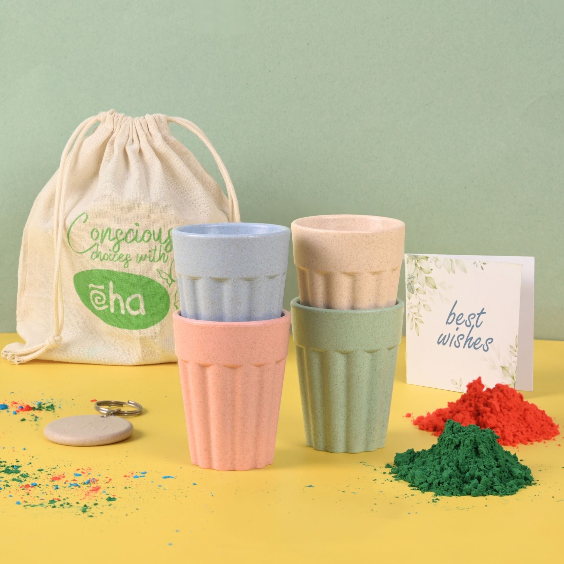 Earth Friendly Cutting Chai Cups with Holi Gulal 2 x 50g | 100 ml Cutting Chai Cup Set of 4