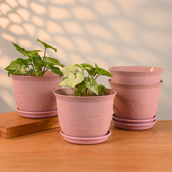 Earth-Friendly Planters Leafy 8 Inch set of 4 | Bamboo Based Pots and Planters with tray