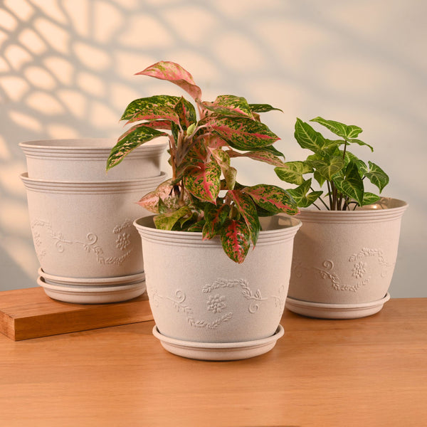 Earth-Friendly Planters Leafy 10 Inch set of 4 | Bamboo Based Pots and Planters with tray