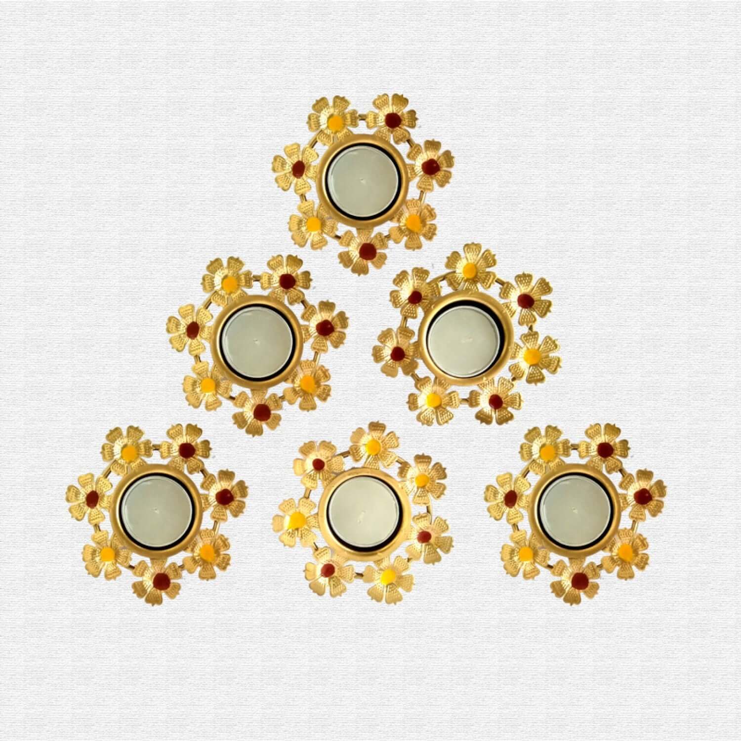 Decorative Flower Shape Design Metal Table Tea Light Candle Holder for Rangoli Diwali Home Decoration (Set of 6)