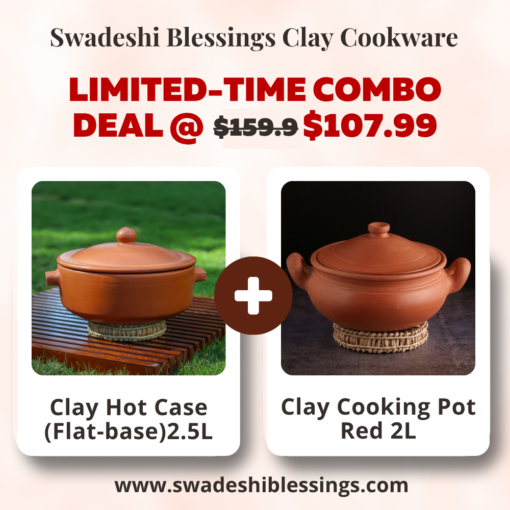 Unglazed Clay Handi / Earthen Hot Case / Clay Pots Combo for Cooking & Serving with Lids – 2L & 2.5L (Red) (Natural Firing Shade & Mirror Shine) + FREE Ash for Cleaning