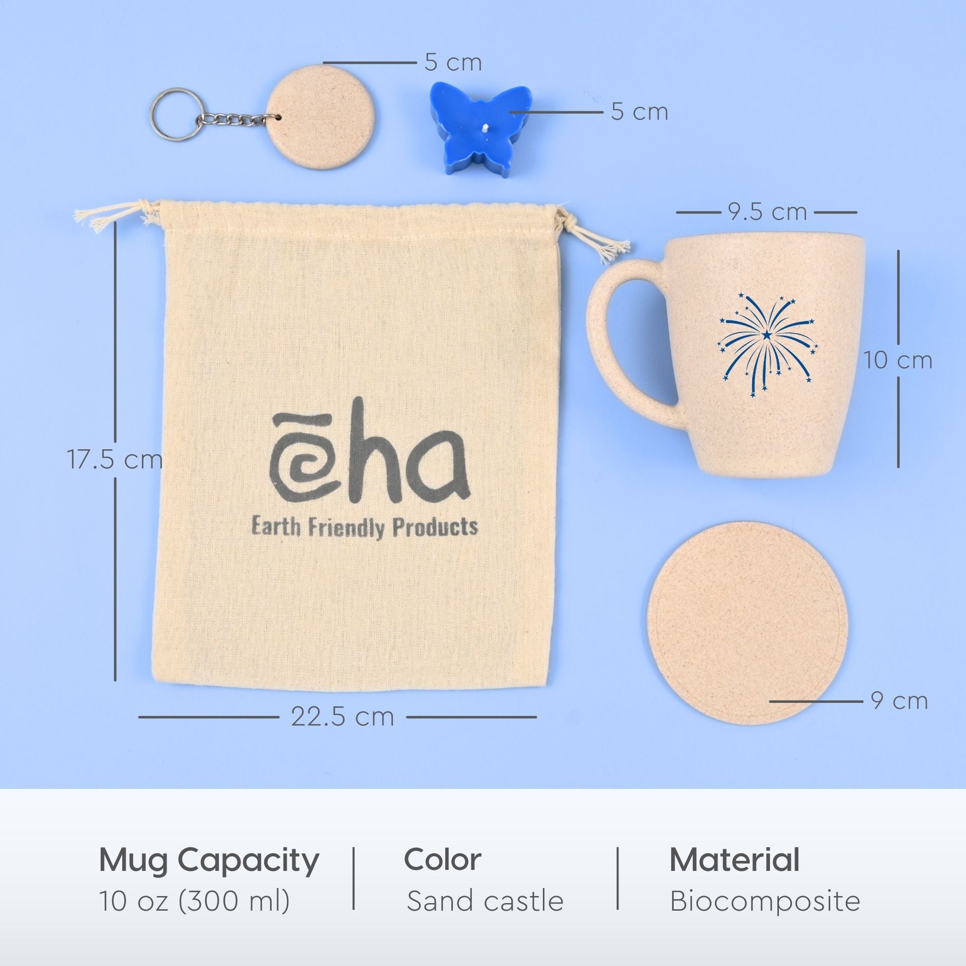 Eha Earth Friendly Diwali Gift Hampers | Cracker Printed Mug, Coaster, Key Chain, Candle, Gift Bag, Card