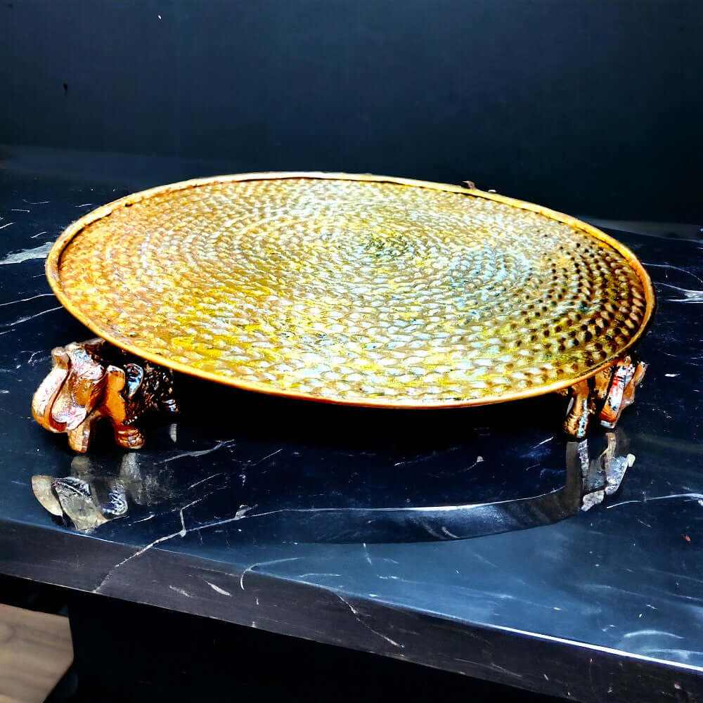 Elephant Platter with Carved Metal Top – Carved – Glittery Gold ( 12×2 inch )