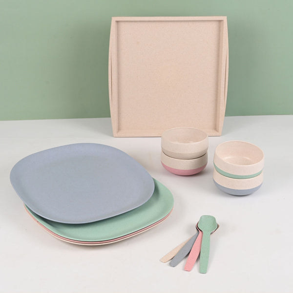 Earth Friendly 11 Inch Dinner Plate & Soup Bowl with Spoon (250 ml) & One Square Tray | Set of 4