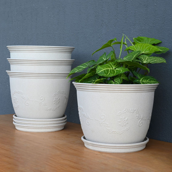 Earth-Friendly Planters Leafy 12 Inch set of 4 | Bamboo Based Pots and Planters with tray