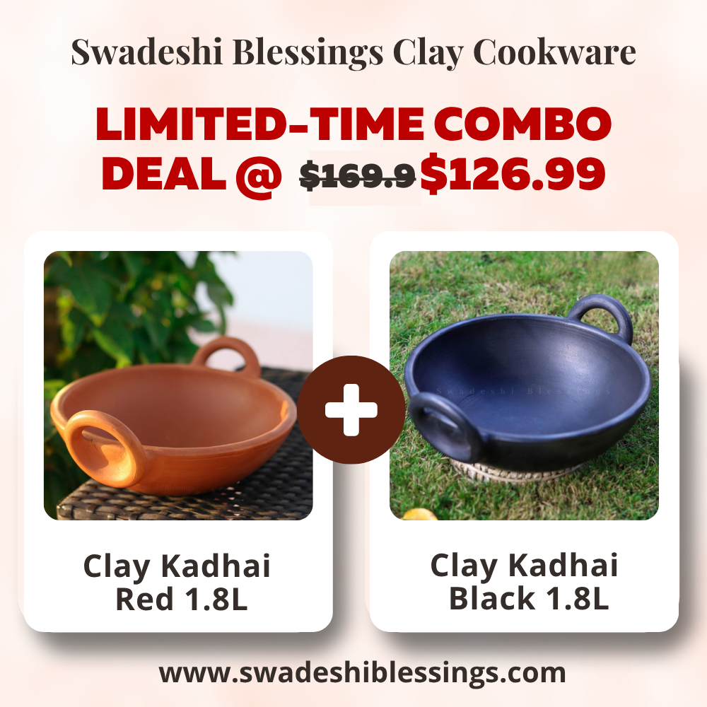 Unglazed Clay Handi / Earthen Kadai / Clay Kadai Combo for Cooking & Serving – 1.8L Black & 1.8L Red (Natural Firing Shade & Mirror Shine) + FREE Ash for Cleaning