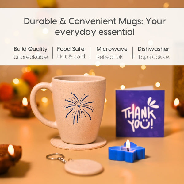 Eha Earth Friendly Diwali Gift Hampers | Cracker Printed Mug, Coaster, Key Chain, Candle, Gift Bag, Card