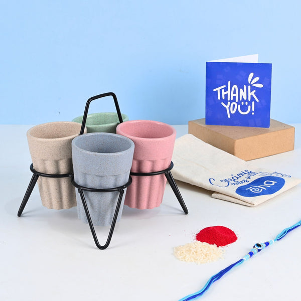 Earth-Friendly Rakhi Gift Chai Cups with Stand | Set of 4
