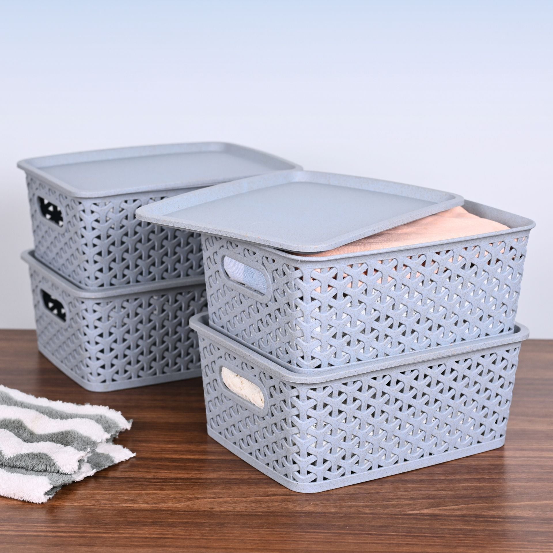 Green Hive 4.8L set of 4 | Earth Friendly Multipurpose Basket For Storage With Lid