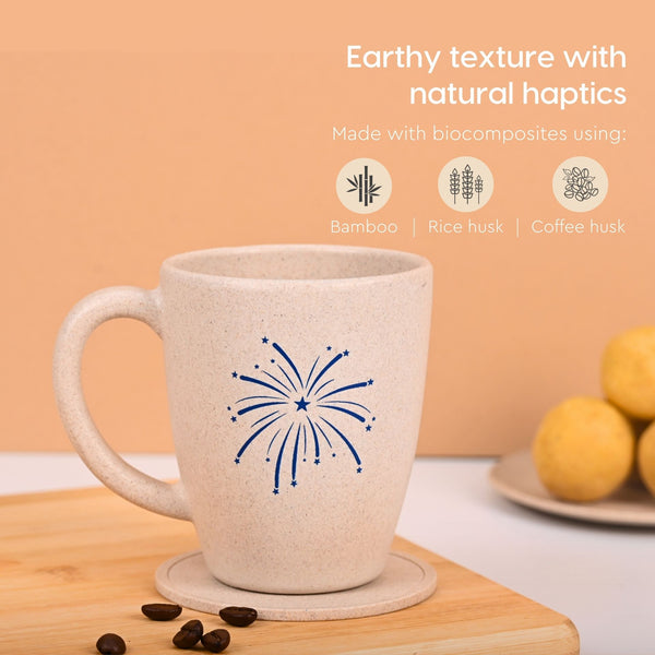 Eha Earth Friendly Diwali Gift Hampers | Cracker Printed Mug, Coaster, Key Chain, Candle, Gift Bag, Card