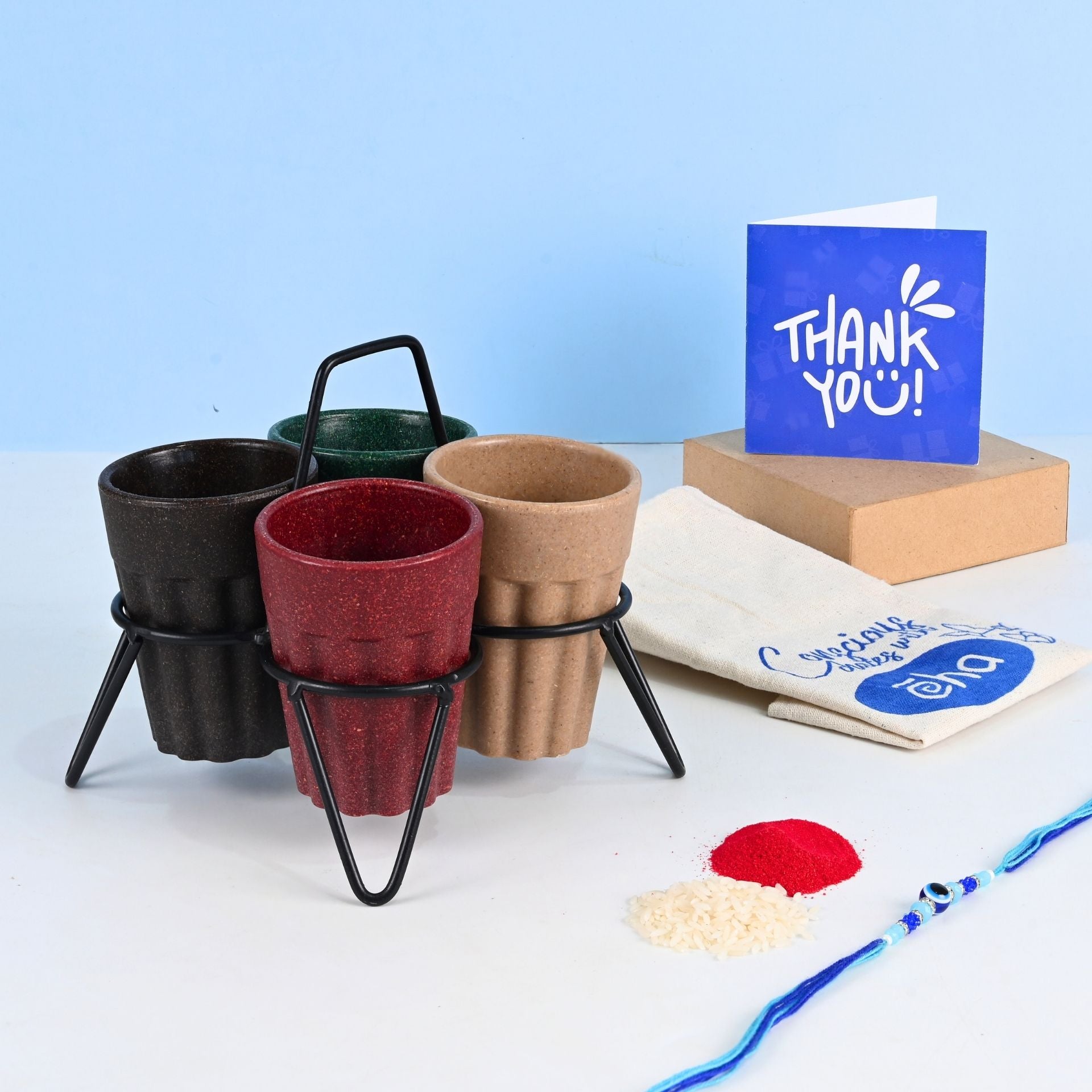 Earth-Friendly Rakhi Gift Chai Cups with Stand | Set of 4