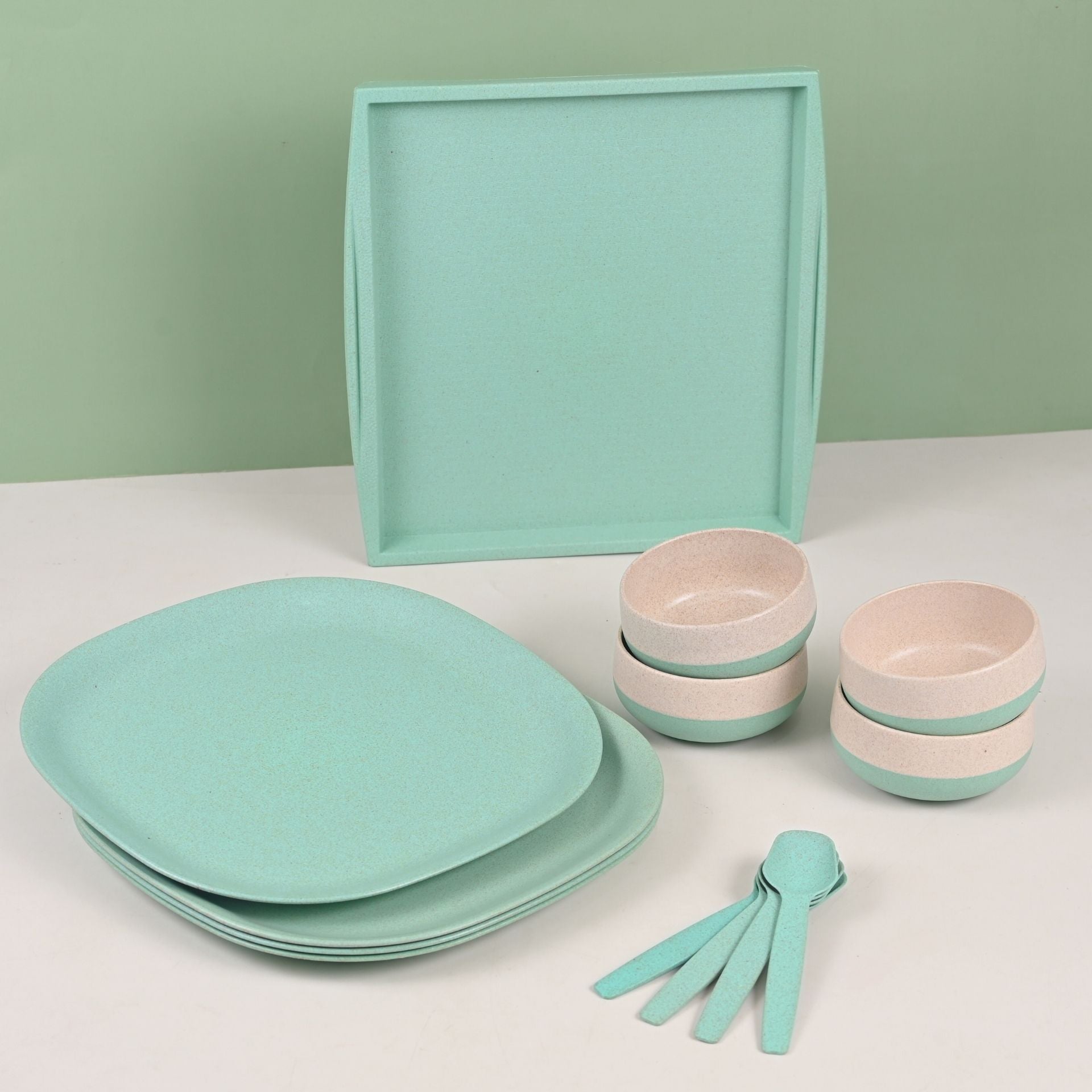 Earth Friendly 11 Inch Dinner Plate & Soup Bowl with Spoon (250 ml) & One Square Tray | Set of 4