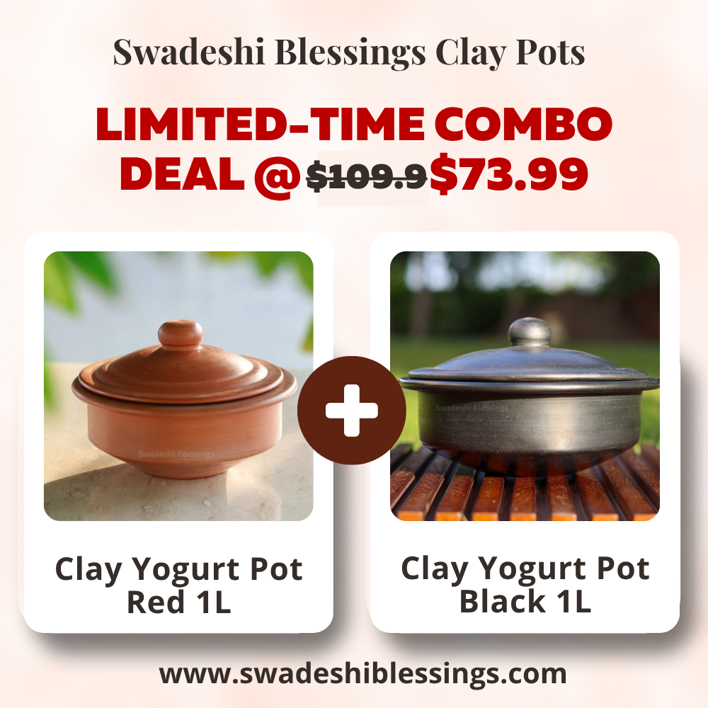 Unglazed Clay Dahi Handi/ Handmade Curd Pot/ Clay Curd Pot Combo with Lid 1L (Black & Red) (with Natural White Firing Shade & Mirror Shine) + Free ASH for Cleaning