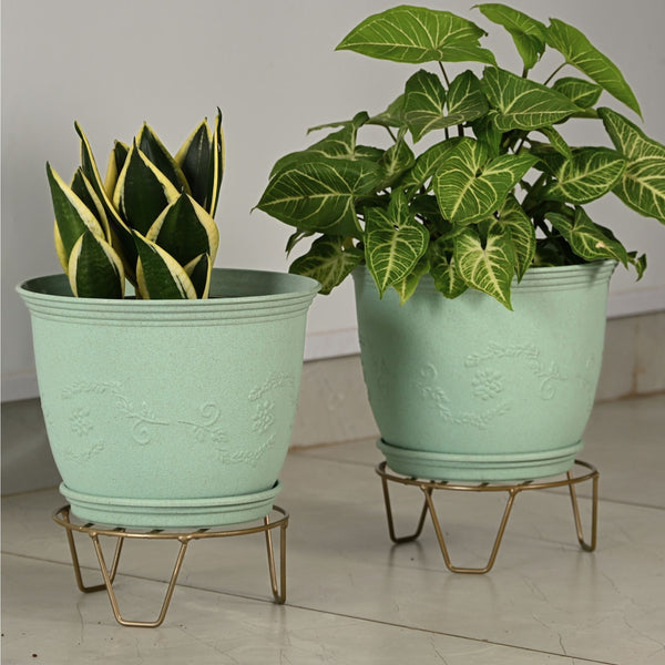 Earth-Friendly 10″ Leafy Planters with Tray & Stand | Set of 2