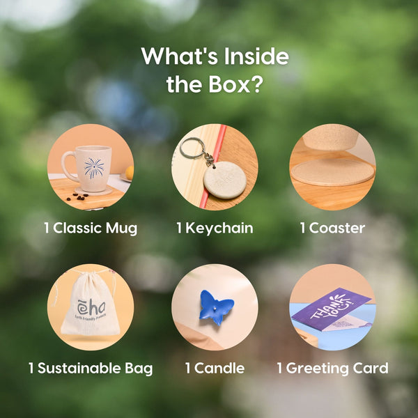 Eha Earth Friendly Diwali Gift Hampers | Cracker Printed Mug, Coaster, Key Chain, Candle, Gift Bag, Card