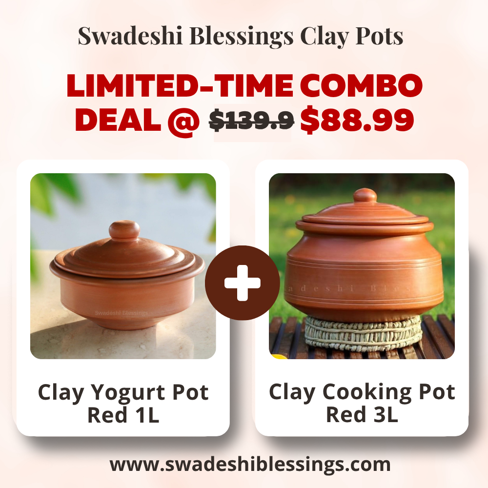 Unglazed Clay Handi & Earthen Curd Pot  / Clay Pots Combo For Cooking & Serving, 1L & 3L, Red (Natural Firing Shade & Mirror Shine)+FREE ASH For Cleaning