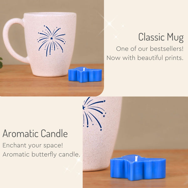 Eha Earth Friendly Diwali Gift Hampers | Cracker Printed Mug, Coaster, Key Chain, Candle, Gift Bag, Card