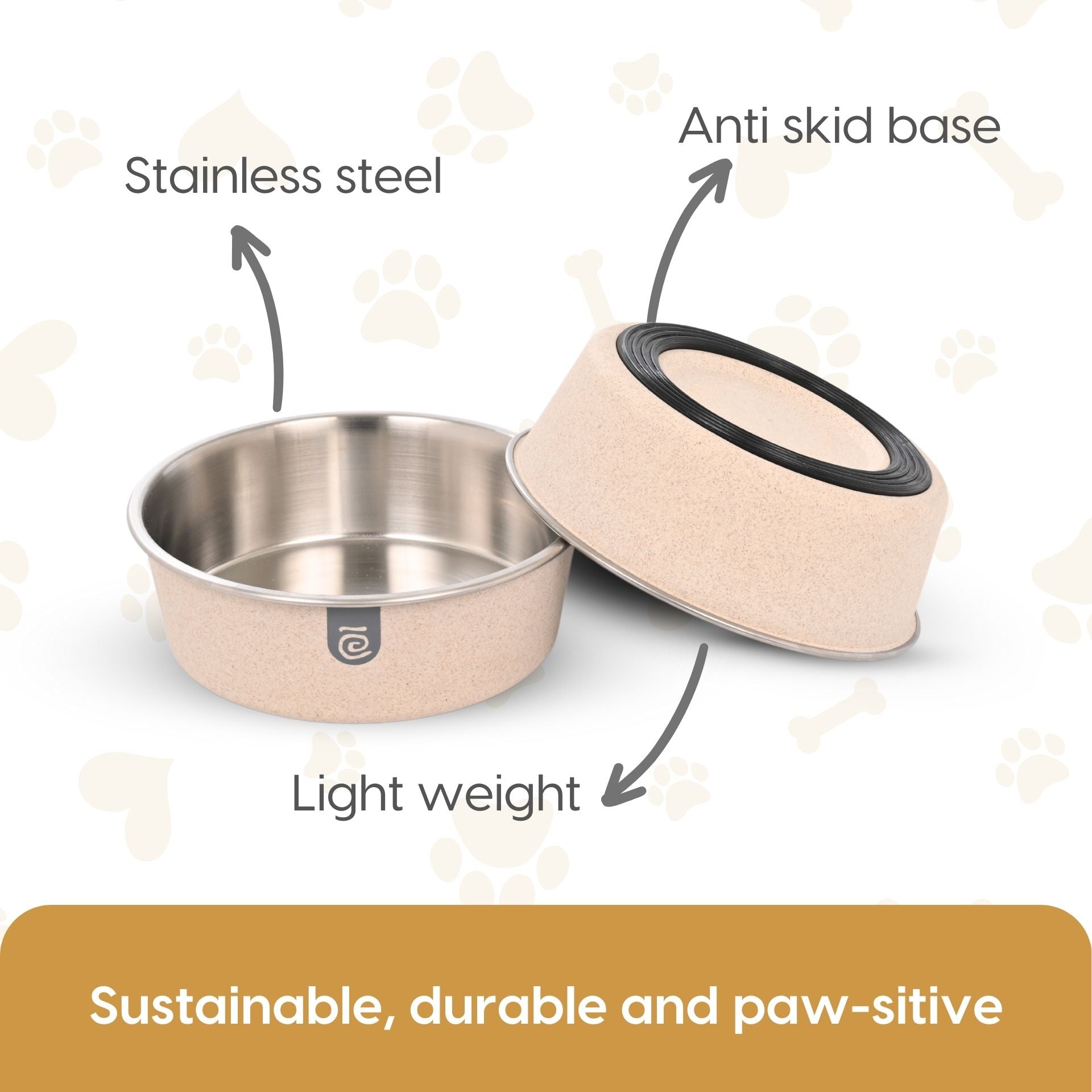 Earth Friendly Bella Pet Bowls | Set of 2 | 1600 ml + 750 ml | Steel Bowl for Dog | Made with Rice Husk | Dog Bowl Large Size