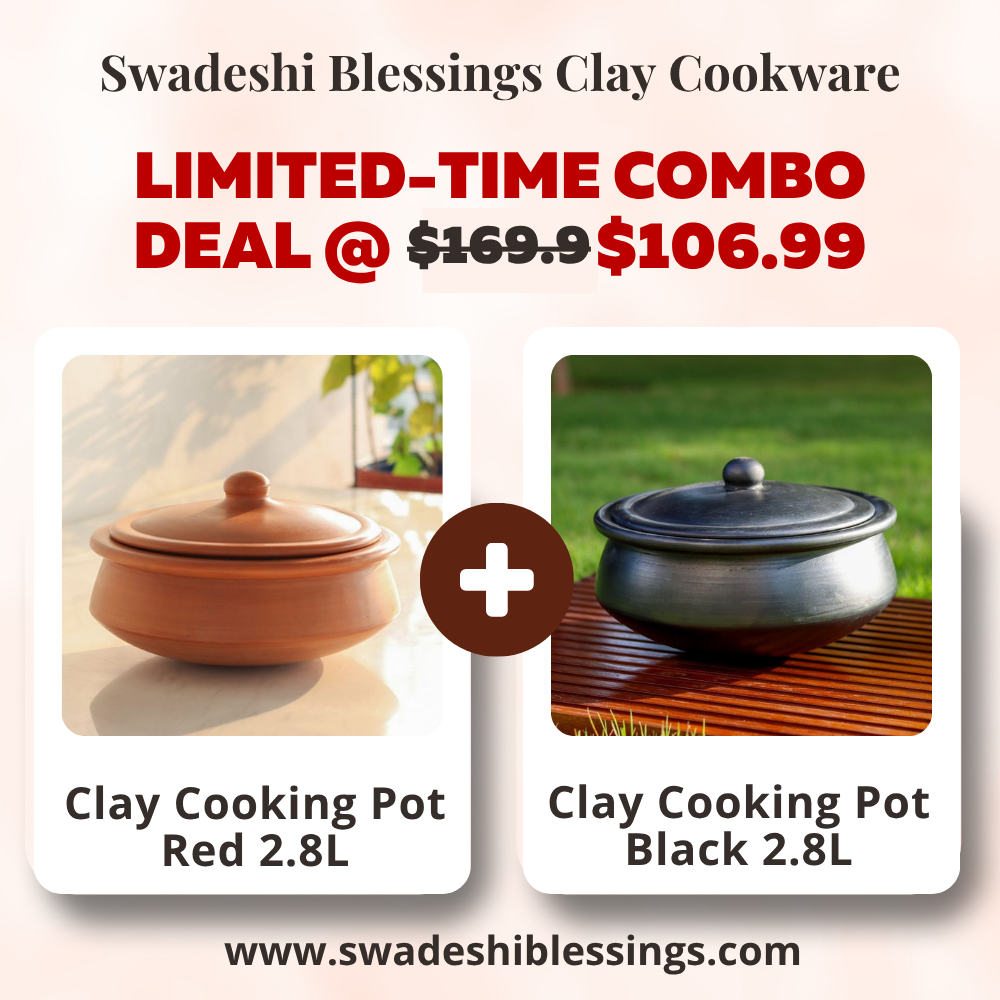 Unglazed Clay Handi / Earthen Kadai / Clay Pots Combo for Cooking & Serving with Lids – 2.8L Black & 2.8L Red (Natural Firing Shade & Mirror Shine) + FREE Ash for Cleaning