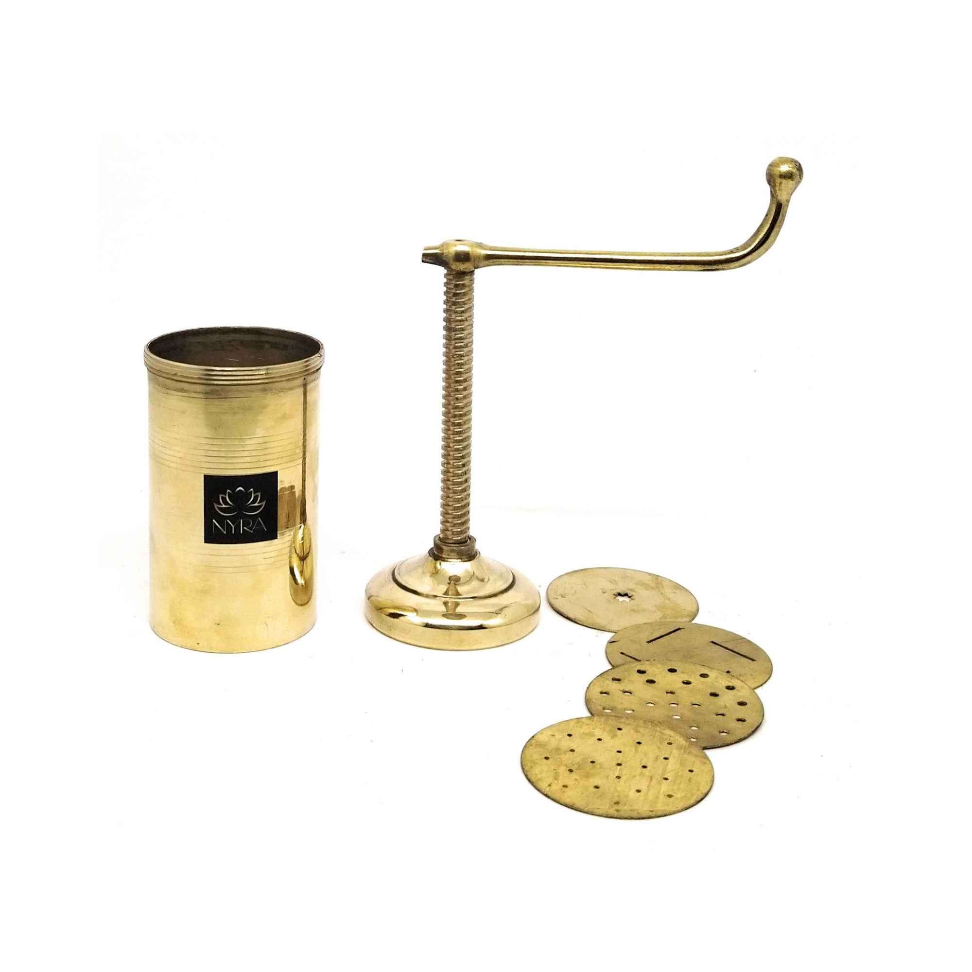 A brass sev sancha with its cylindrical container, threaded handle, and four round perforated plates, displayed on a clean white background.