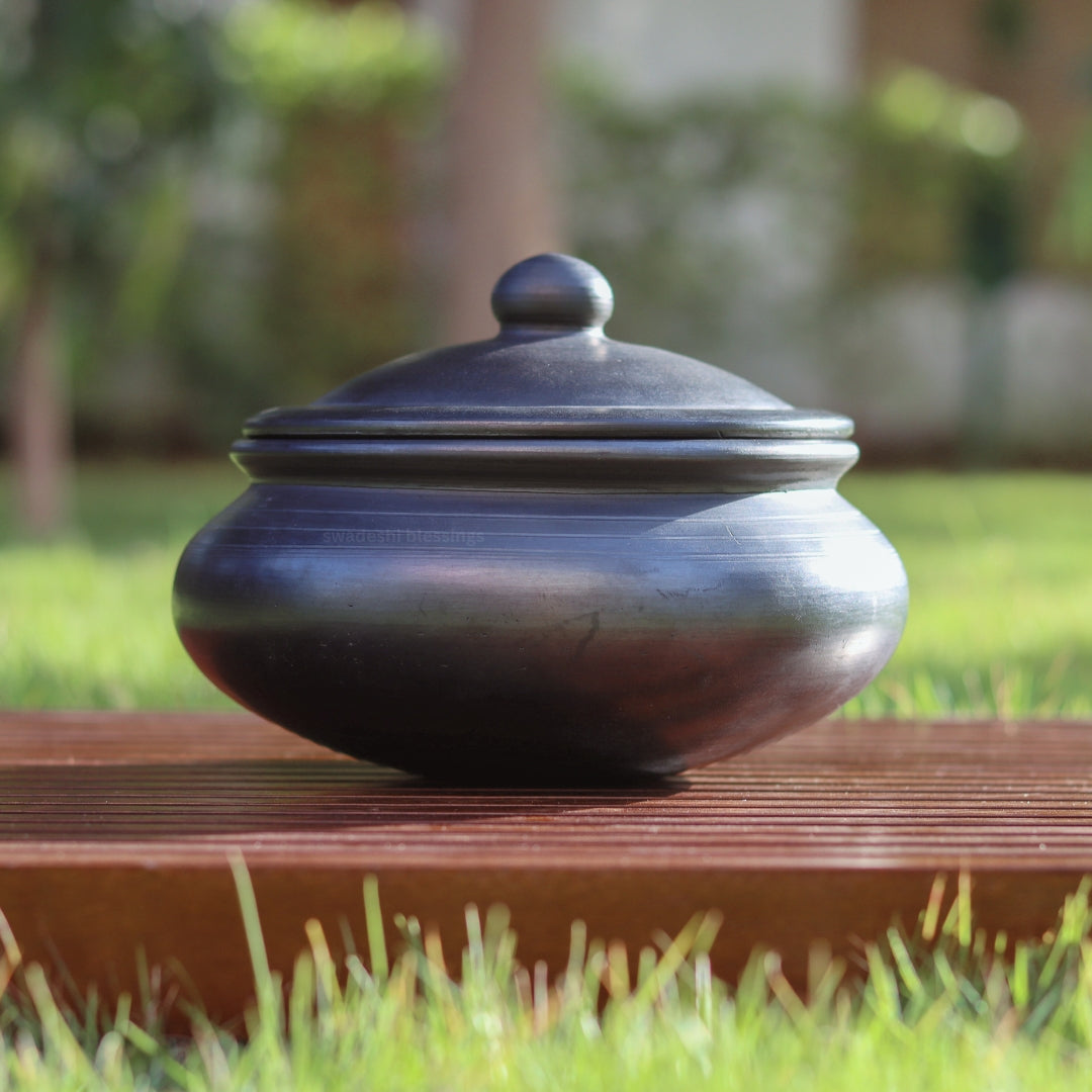 Unglazed Clay Handi & Earthen Curd Pot  / Clay Pots Combo For Cooking & Serving, 1.3L & 2.8L, Black (Natural Firing Shade & Mirror Shine)+FREE ASH For Cleaning