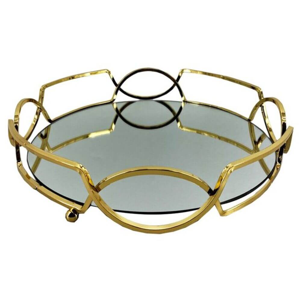 12" Antique Brass Glass Tray with Mirror Top metal, gold colour