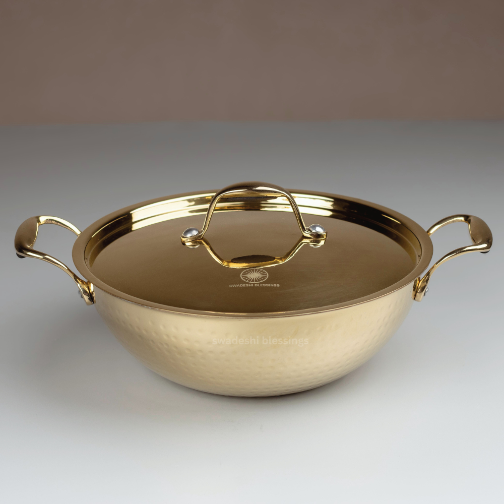 Swadeshi Blessings Exclusive Range Brass Kadai/ Wok Pan for Cooking with Lid/Teflon-Free/Naturally Non-Stick Brass Utensils with Tin Coating
