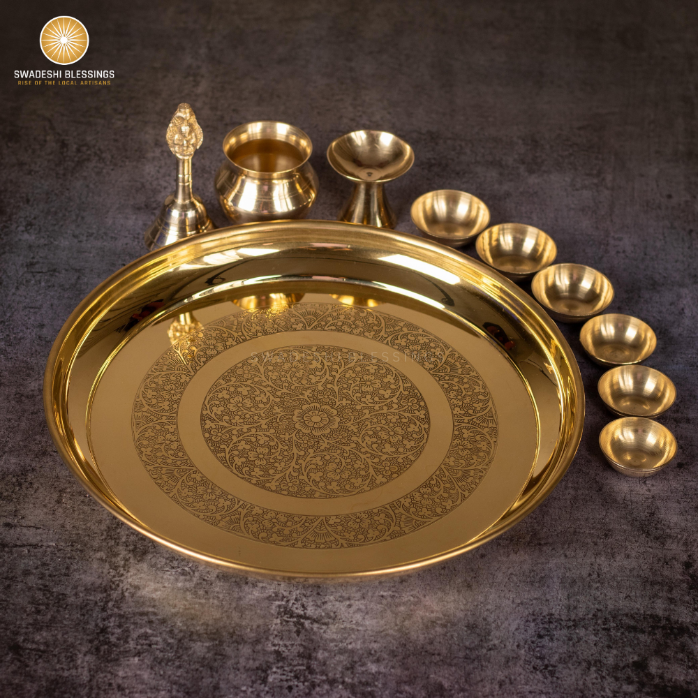 SWADESHI BLESSINGS Vintage Brass Pooja Thali Set-12Inch(10Pcs)/Indian Puja Thali Set/Aarti Thali/Temple Decor/Pooja Decoration/Return Gifts/HouseWarming Gifts
