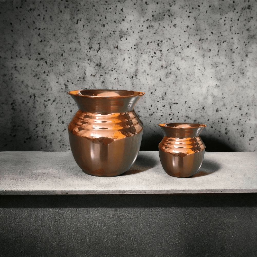 Set de 2 lota/kalash din cupru pentru apă potabilă și pooja, Kalash din cupru