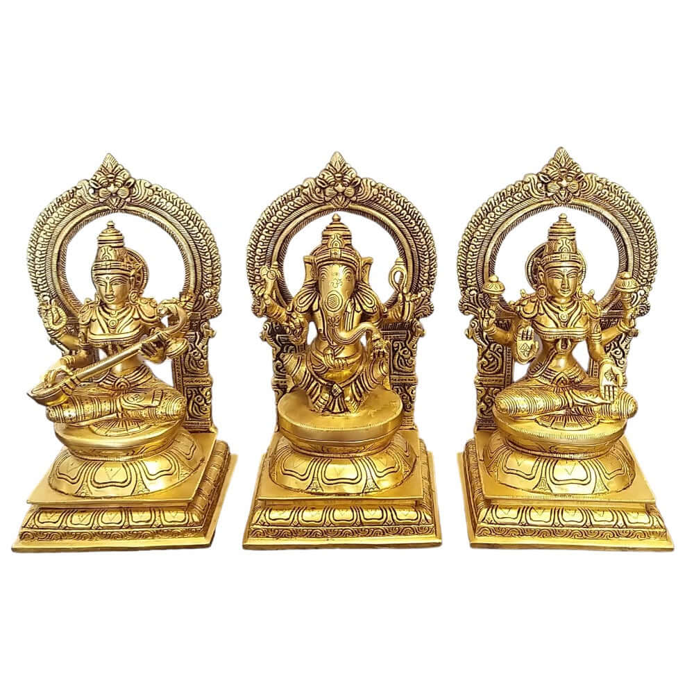 10" Brass Statues of Goddess Lakshmi, Ganesha and Saraswati,Weight:13.5 Kg