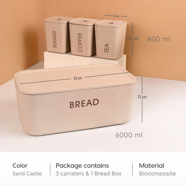 Earth Friendly Kitchen Storage Jars & Containers and Bread Box | Set of 4, 6000 ml & 800ml x 3