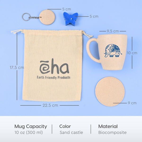 Eha Earth Friendly Diwali Gift Hampers | Elephant Printed Mug, Coaster, Key Chain, Candle, Gift Bag, Card