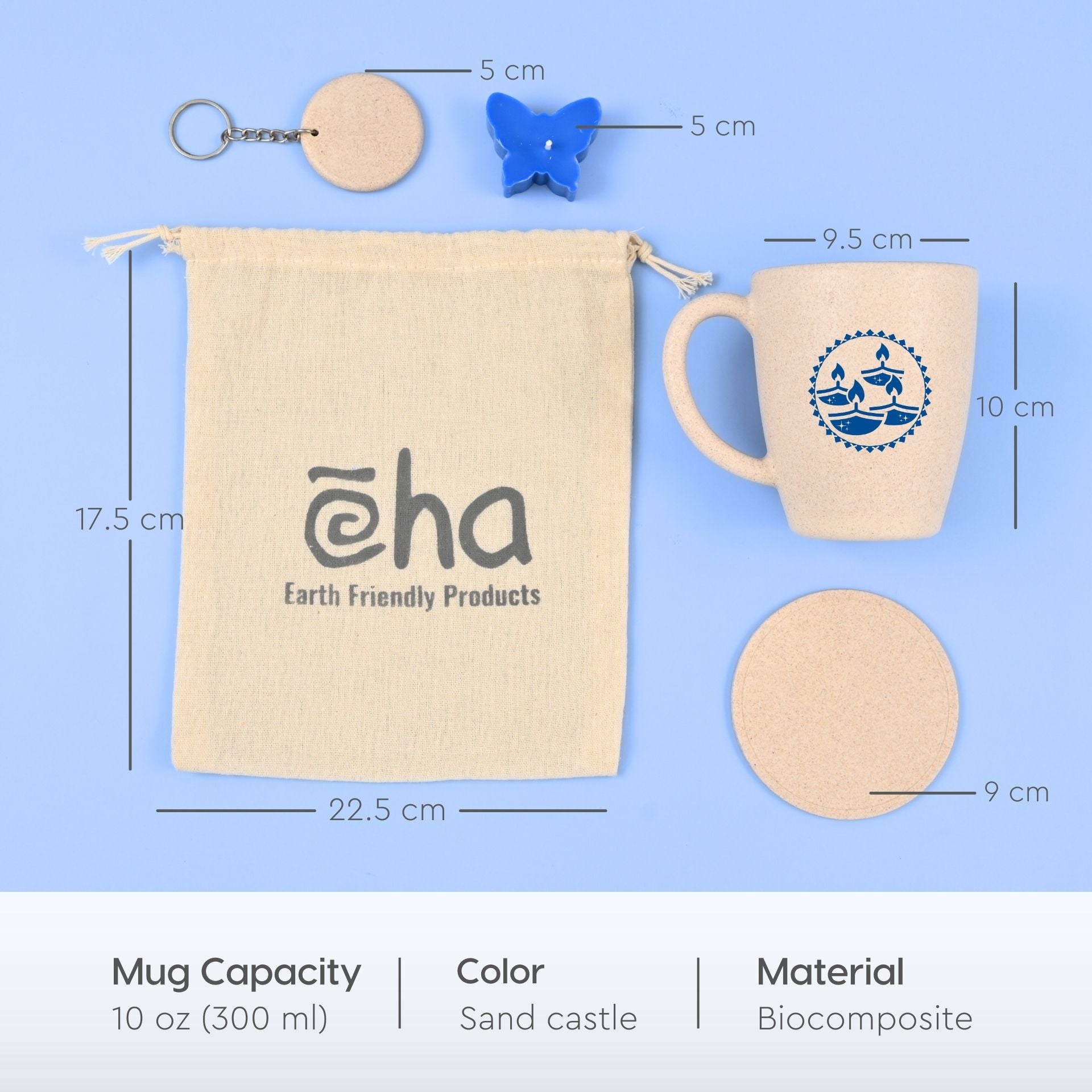 Eha Earth Friendly Diwali Gift Hampers | Diya Printed Mug, Coaster, Key Chain, Candle, Gift Bag, Card