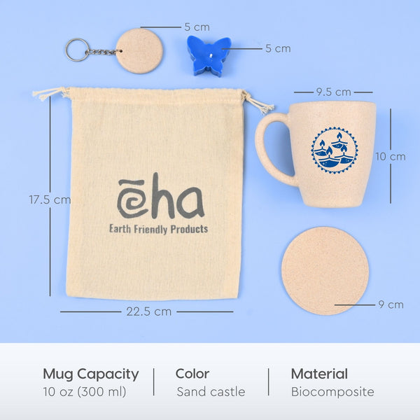 Eha Earth Friendly Diwali Gift Hampers | Diya Printed Mug, Coaster, Key Chain, Candle, Gift Bag, Card