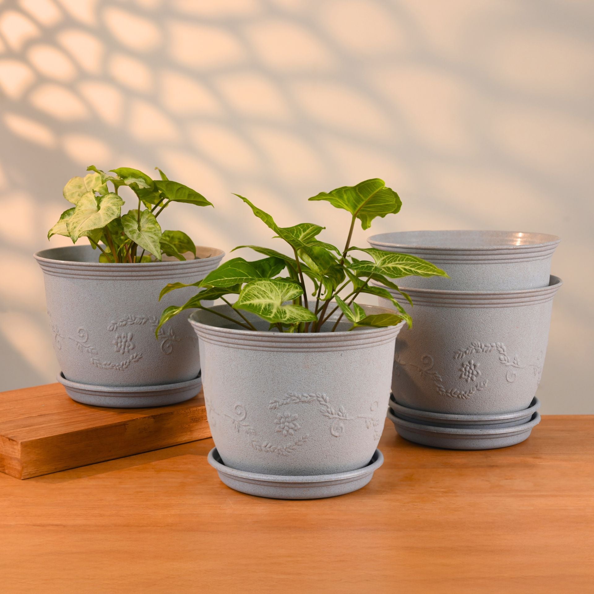 Earth-Friendly Planters Leafy 8 Inch set of 4 | Bamboo Based Pots and Planters with tray
