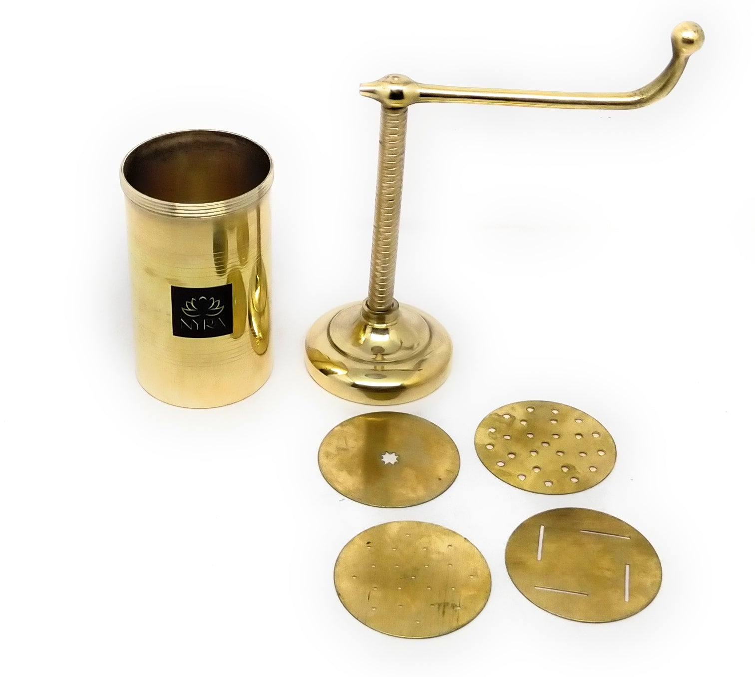 A brass manual pump bottle opener set with a cylindrical container, a curved handle, and four round metal discs, shown on a plain white background.