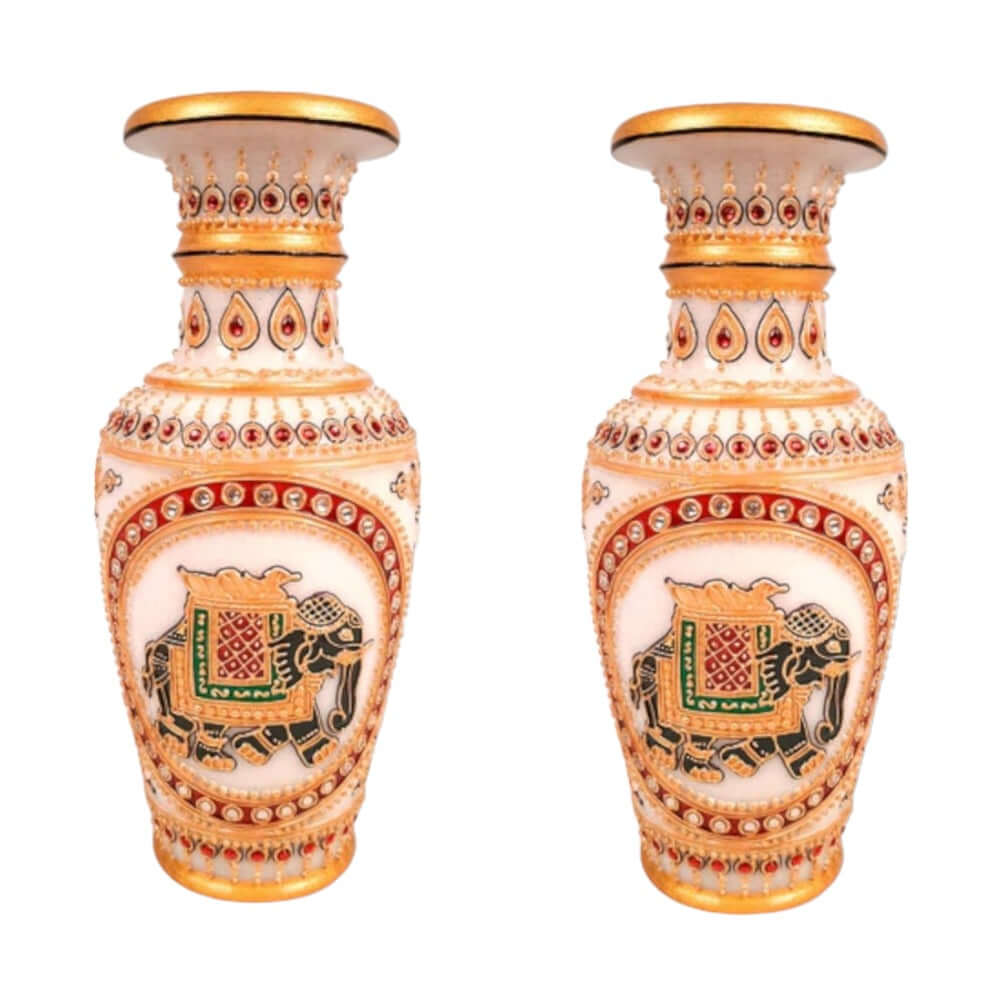 Set de 2 vaze vintage din marmură Makrana, vaze Rajasthani, vaze indiene, vaze din marmură, artă populară indiană, cadou boho, vază, interioare boeme, vază cu mărgele, vază pictată manual cu elefant