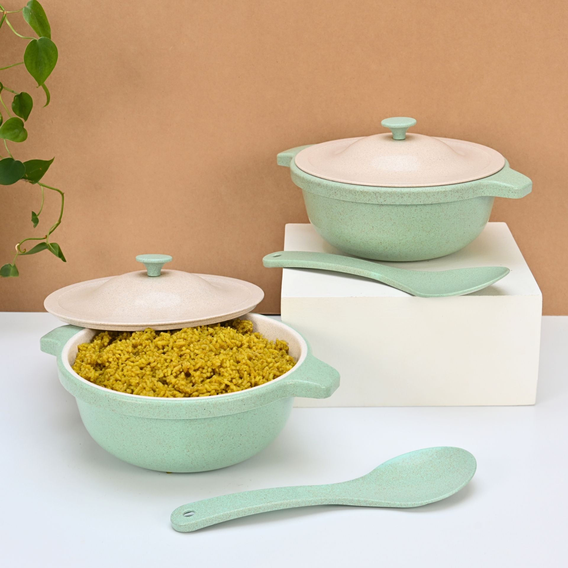 Serving Bowl with lid 1250 ml set of 2 | Earth friendly Unbreakable bowls Made with Bamboo Fibers & Rice Husk Fiber