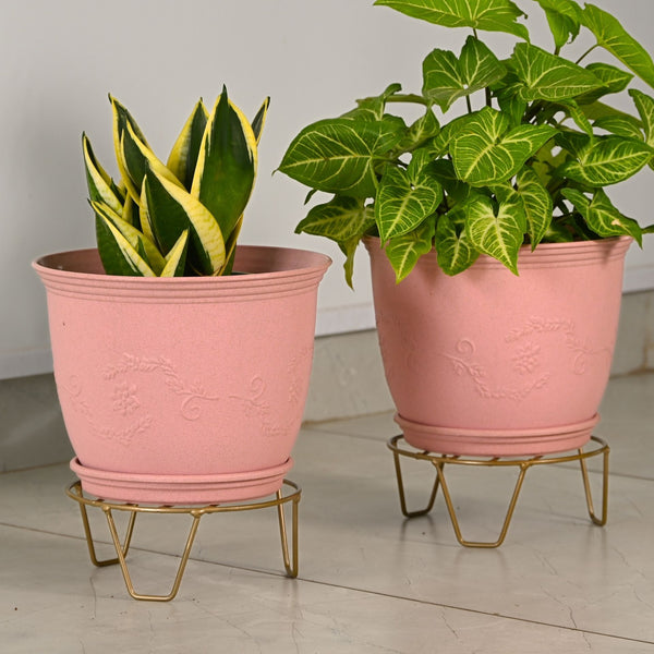 Earth-Friendly 10″ Leafy Planters with Tray & Stand | Set of 2