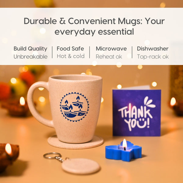 Eha Earth Friendly Diwali Gift Hampers | Diya Printed Mug, Coaster, Key Chain, Candle, Gift Bag, Card