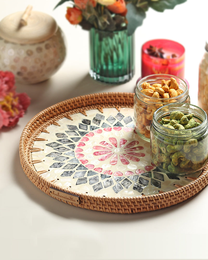 Tavă rotundă din trestie - Mozaic Rangoli