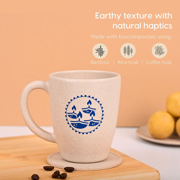 Eha Earth Friendly Diwali Gift Hampers | Diya Printed Mug, Coaster, Key Chain, Candle, Gift Bag, Card