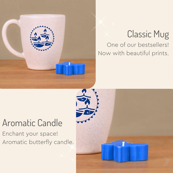 Eha Earth Friendly Diwali Gift Hampers | Diya Printed Mug, Coaster, Key Chain, Candle, Gift Bag, Card