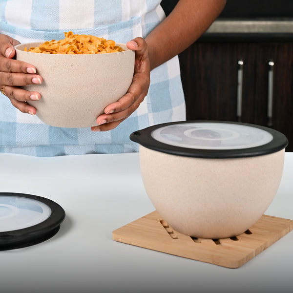 Storage Bowl with lids 1600 ml set of 2 | Earth friendly Unbreakable bowls Made with Bamboo Fibers & Rice Husk Fiber