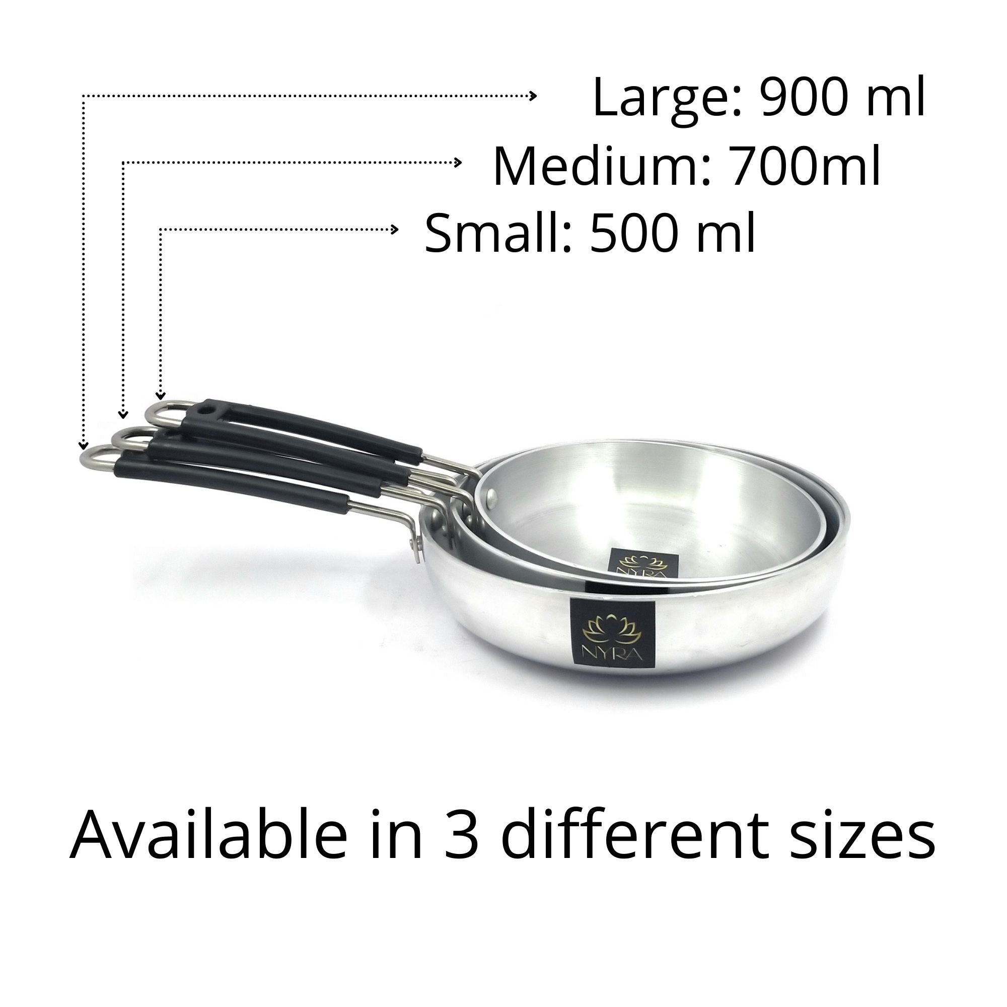 three different sizes of aluminium frypan
