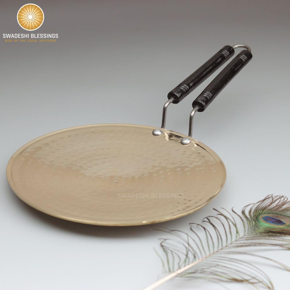 SWADESHI BLESSINGS Exclusive Range Brass Tawa/Teflon-Free/Naturally Non-Stick Brass Utensils with Tin Coating (9.5 Inches)