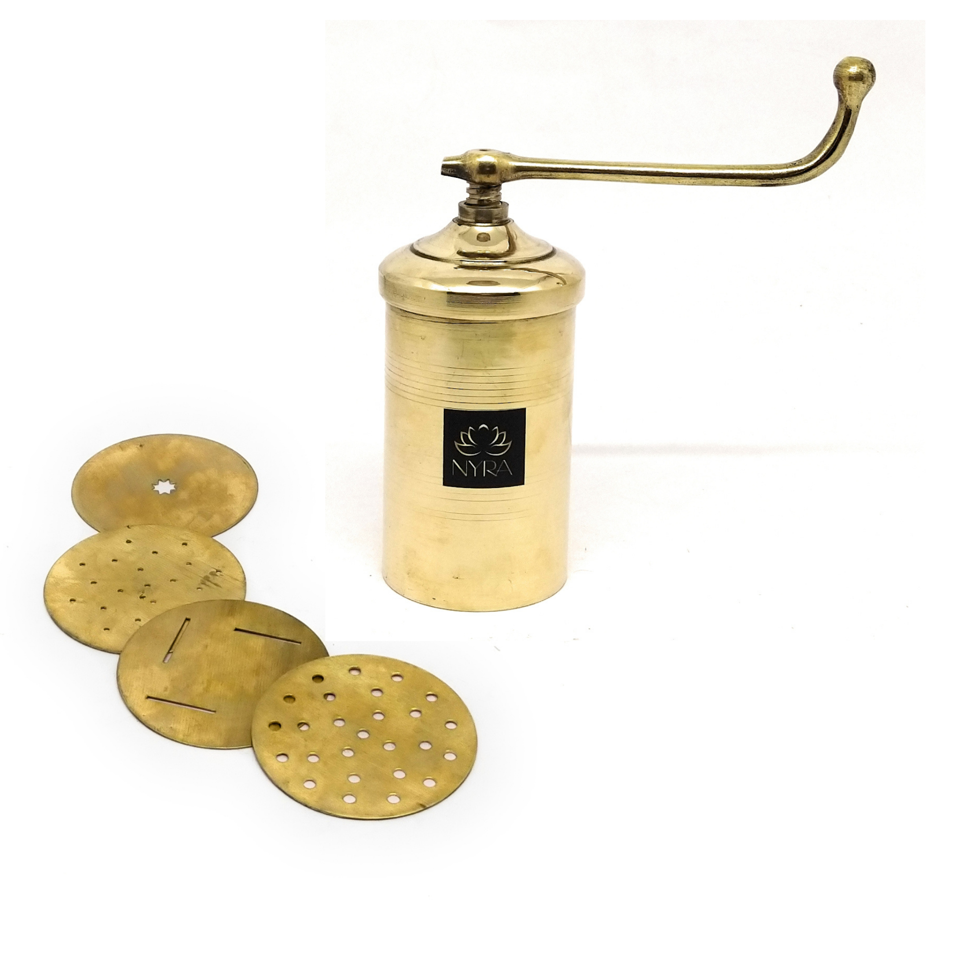 Brass sev sancha with four tadditional grinding plates on a white background