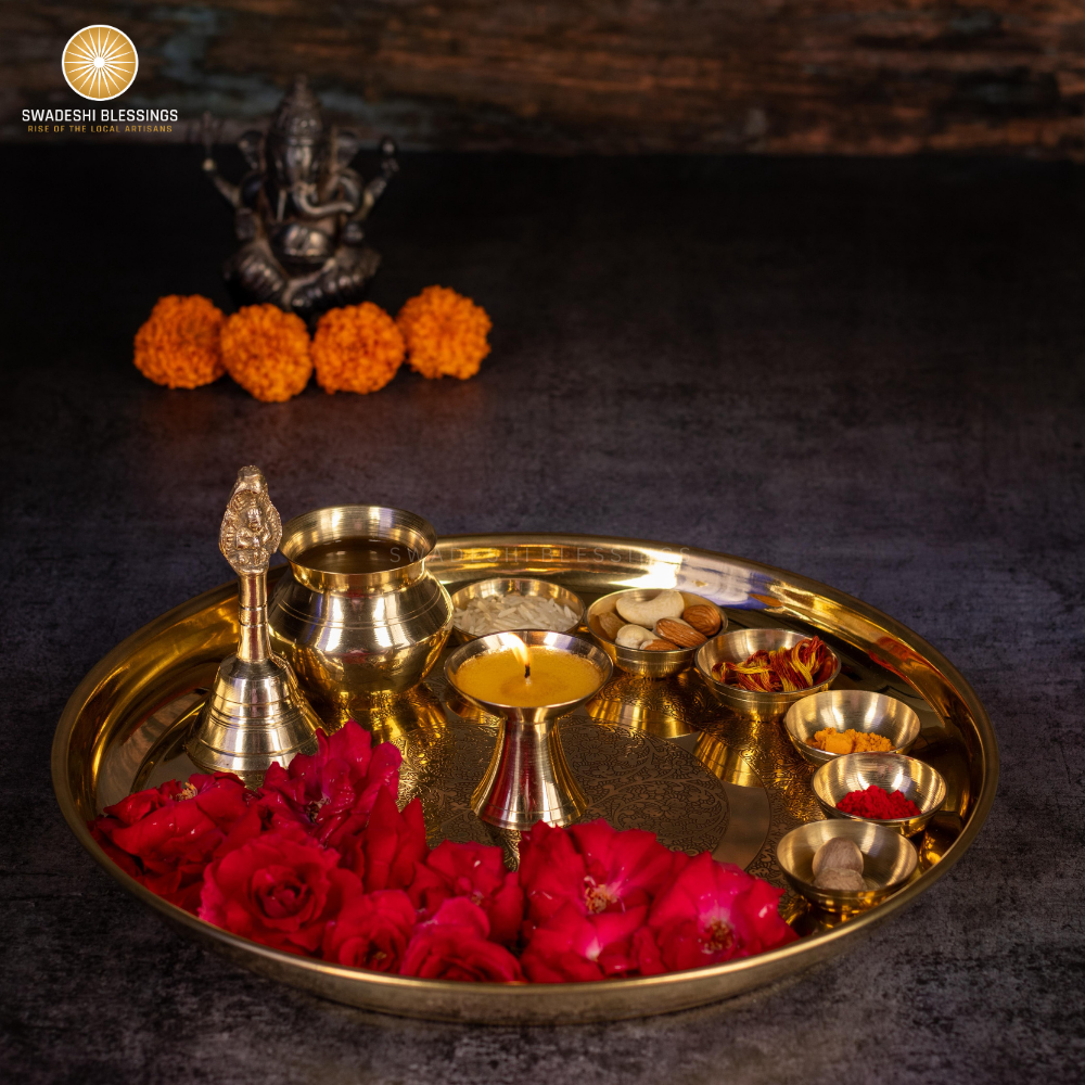 SWADESHI BLESSINGS Vintage Brass Pooja Thali Set-12Inch(10Pcs)/Indian Puja Thali Set/Aarti Thali/Temple Decor/Pooja Decoration/Return Gifts/HouseWarming Gifts