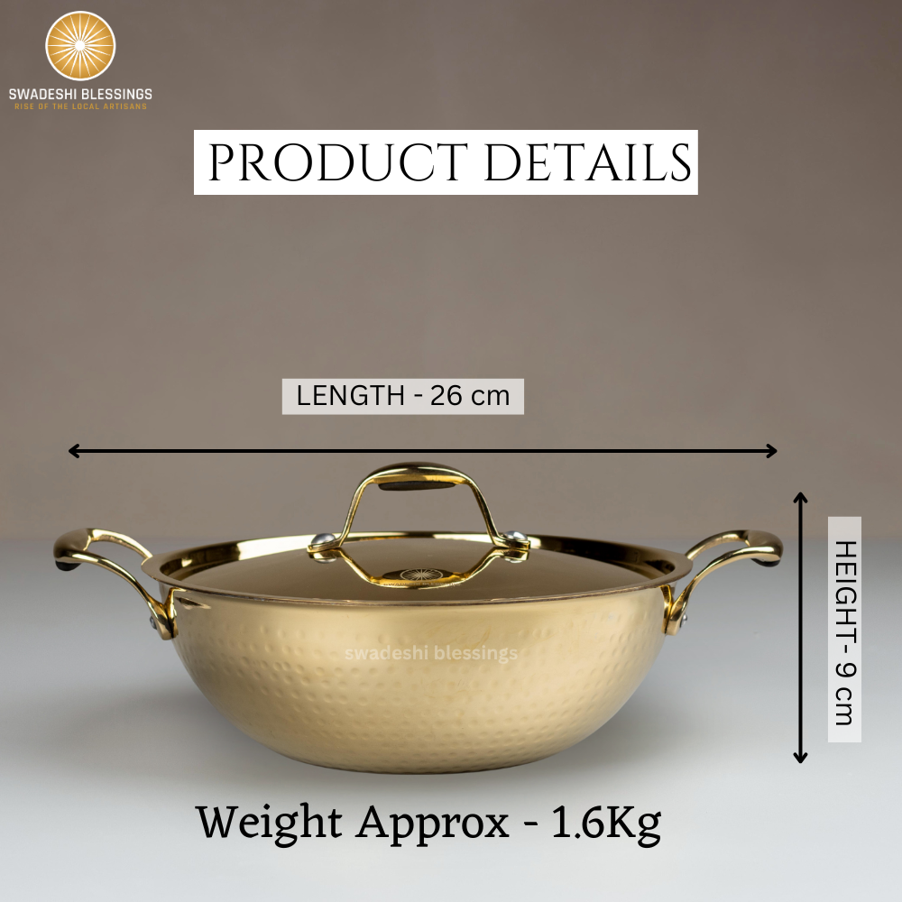 Swadeshi Blessings Exclusive Range Brass Kadai/ Wok Pan for Cooking with Lid/Teflon-Free/Naturally Non-Stick Brass Utensils with Tin Coating
